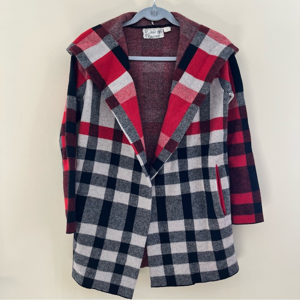 Field & Flower Buffalo Plaid Hooded Open-Front Cardigan in Red, Black & Cream